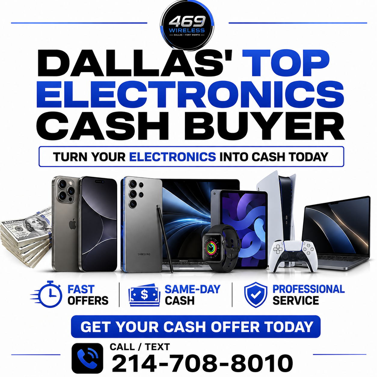 Modern smartphones beside an instant cash offer card